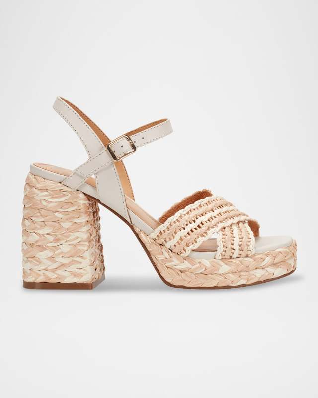 Raffia Crisscross Ankle-Strap Platform Sandals
